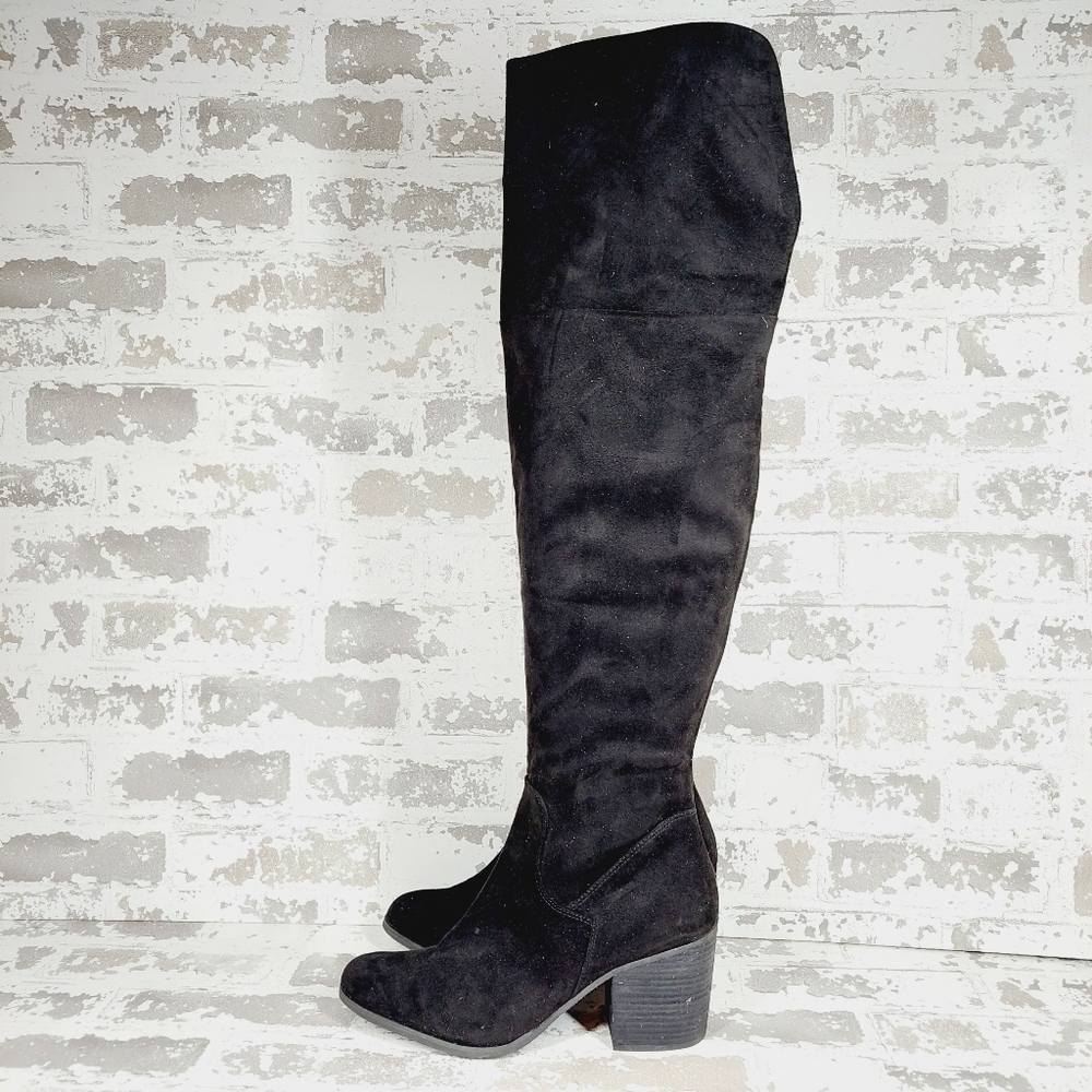 New BP. Luke Women Over The Knee Black Faux Suede Chunky Heel Boot C767